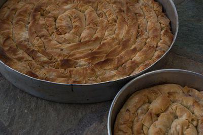 High angle view of bread in bowl on table