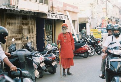 Bicycles parked on road in city