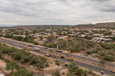 High angle view of cityscape against sky