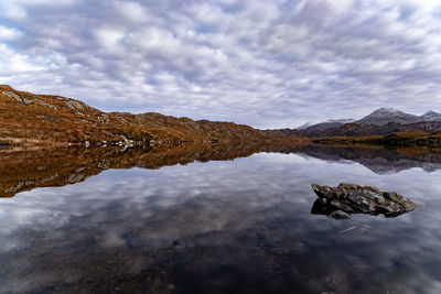 Reflection of rocks in lake against sky