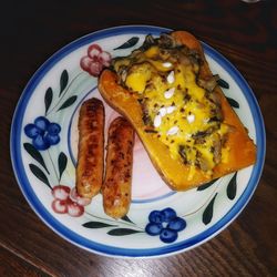 Directly above shot of breakfast in plate on table