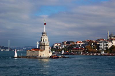 Maiden's tower on river against cloudy sky