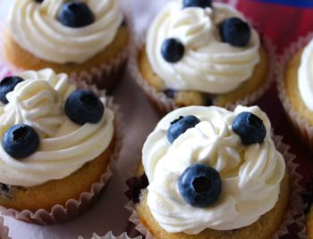 High angle view of blueberry cupcakes on table