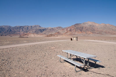 Scenic view of desert against clear blue sky