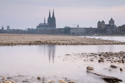 Low water of the rhine river in cologne, drought in germany