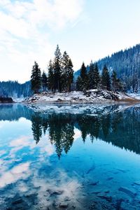 Scenic view of lake against sky during winter