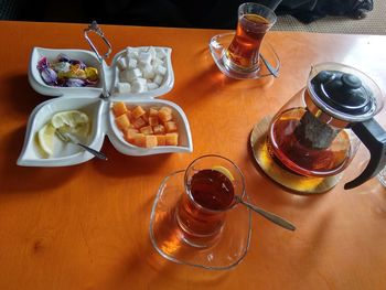 High angle view of drink on table