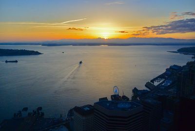 High angle view of sea during sunset