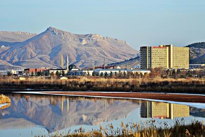 Reflection of buildings in lake