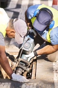 High angle view of men working