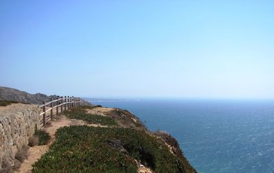 Scenic view of sea against clear blue sky