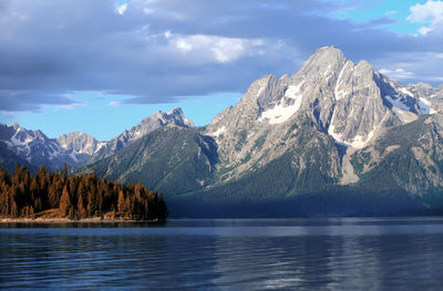 Scenic view of lake and mountains against sky