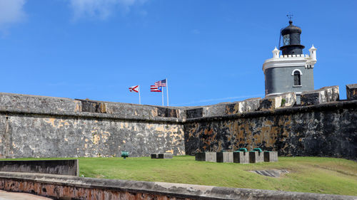 Low angle view of historical building against sky. blue sky in puerto rico.