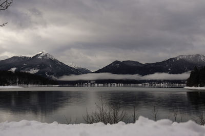 Scenic view of lake and snowcapped mountains against sky