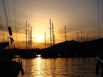 Sailboats in marina at sunset