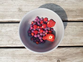 High angle view of strawberries in bowl on table