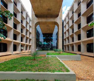 View of the ministries annex in brasilia, with modern architecture and plants in the floor