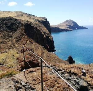 Scenic view of sea and mountains against sky