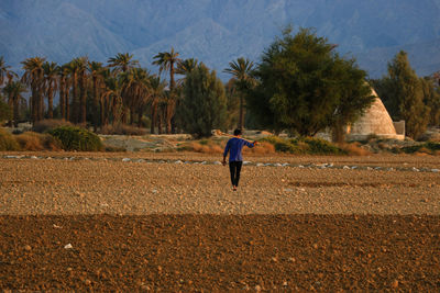 Rear view of man running on street