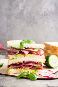 Double sandwich with pastrami, cucumber, radish and basil on a cutting board. american snack