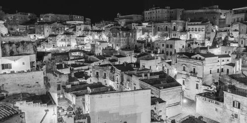 Sassi di matera at night. european capital of culture. black and white