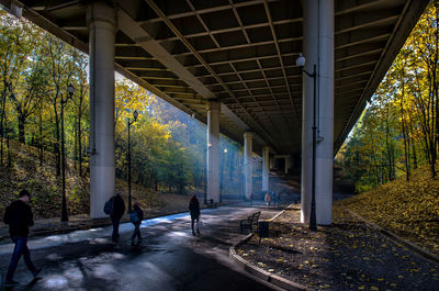 Rear view of people walking on road under bridge by autumn trees