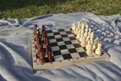 High angle view of chess on table