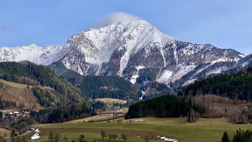 Scenic view of snowcapped mountains against sky