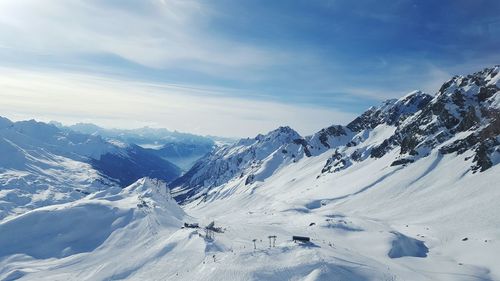 Scenic view of snow covered mountains against sky