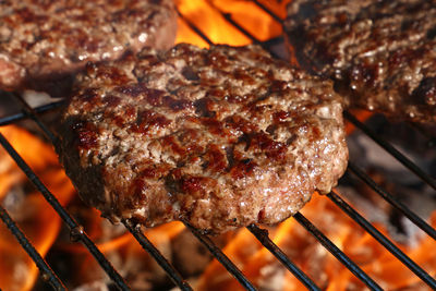 Close-up of meat on barbecue