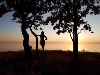 Silhouette woman standing on land by tree and lake against sky during sunset