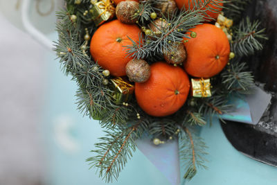 Close-up of christmas decorations on table