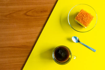 High angle view of breakfast on table