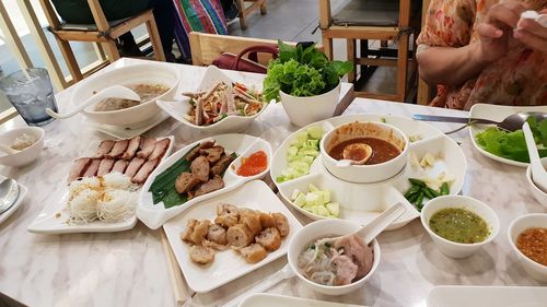 High angle view of food served on table