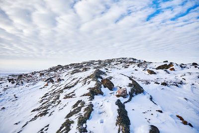 Snow on mountain against sky