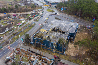 The aerial view of the destroyed supermarket roof. 