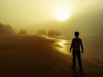 Rear view of man standing on beach against sky during sunset