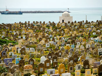 Panoramic view of historic cemetery against sky