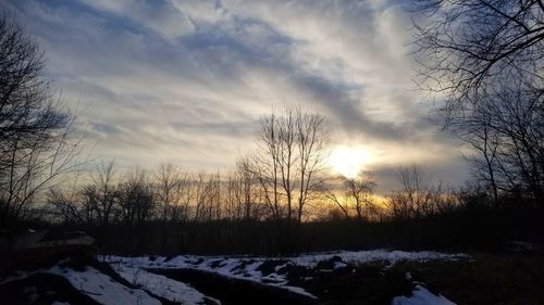 Bare trees on snow covered land against sky during sunset