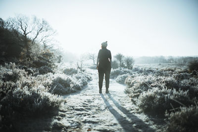 Rear view of man walking on field