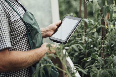Gardener in garden using tablet