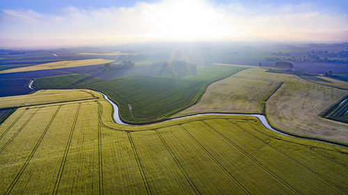 Aerial view of dutch landscape with sunset