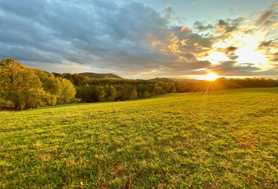 Scenic view of field against sky during sunset