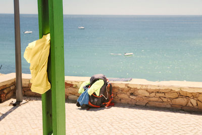 Rear view of woman sitting on sea shore against sky