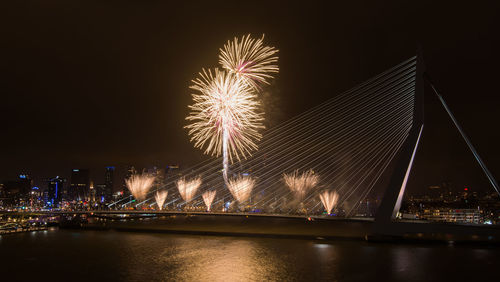 Firework exploding over erasmus bridge at night