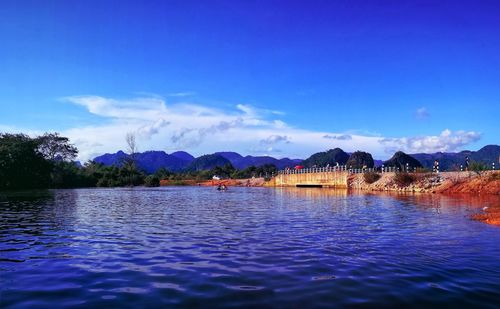 Scenic view of lake against blue sky