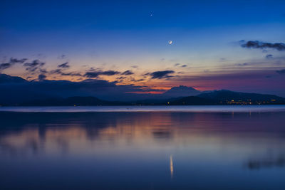 Scenic view of lake against sky at sunset
