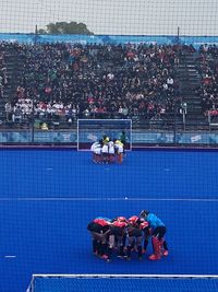 High angle view of people against the wall