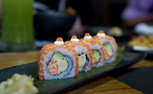 Close-up of sushi served on table