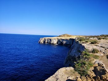 Scenic view of sea against clear blue sky